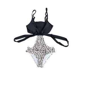 Women's Two Piece Swimsuit Black Top Leopard Print Bikini Tie Front